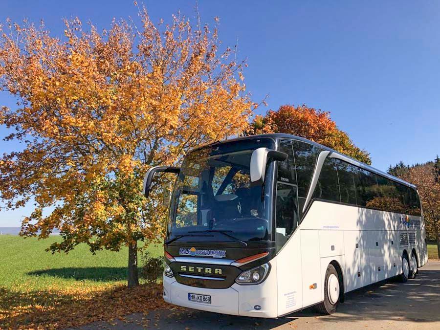 Ein weißer Bus parkt vor einem Baum mit gelben Blättern.