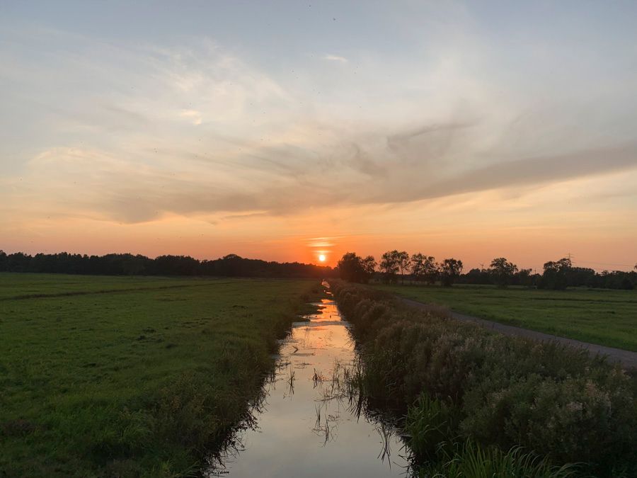 Die Sonne geht über einem kleinen Bach auf einem Feld unter.