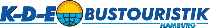 KDE Bustouristik-Logo mit Globus- und Sonnengrafik, darunter Hamburg.