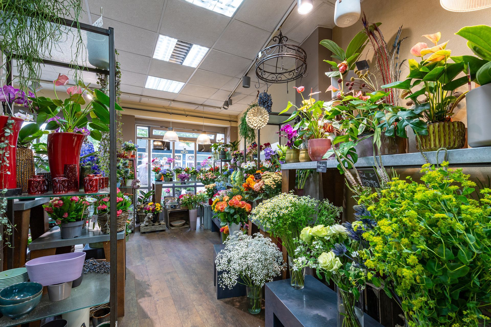 Ein Gang im Blumenladen mit farbenfrohen Topfpflanzen und Sträußen unter hellem Deckenlicht