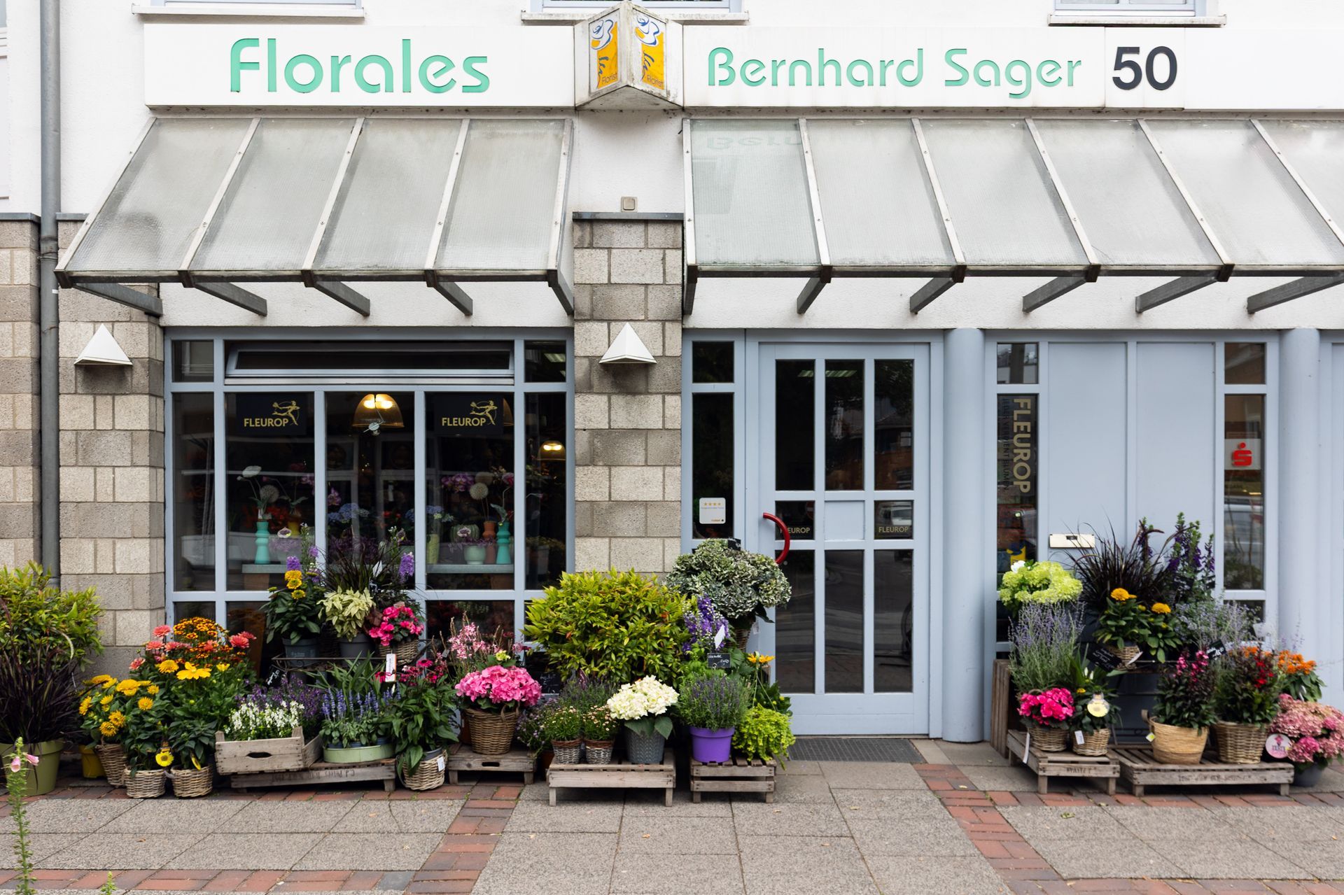 Schaufenster eines Blumenladens mit Topfblumen, gestreifter Markise und Glastür auf einem Bürgersteig