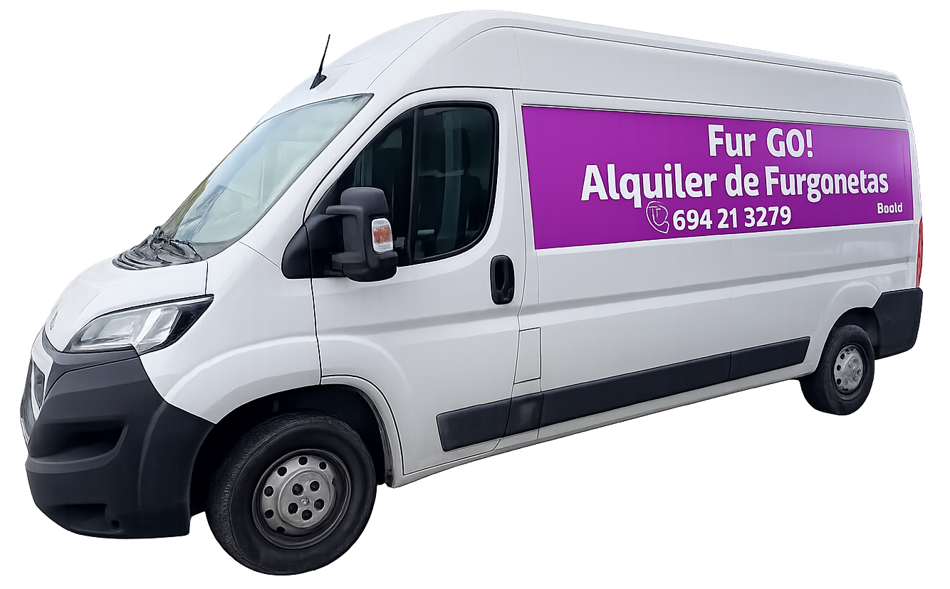 Furgoneta blanca de alquiler con publicidad morada de “Alquiler de Furgonetas” en el lateral.