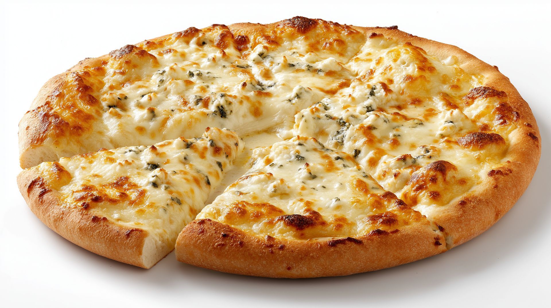 Pizza au fromage avec une croûte dorée, tranchée, sur une surface blanche.