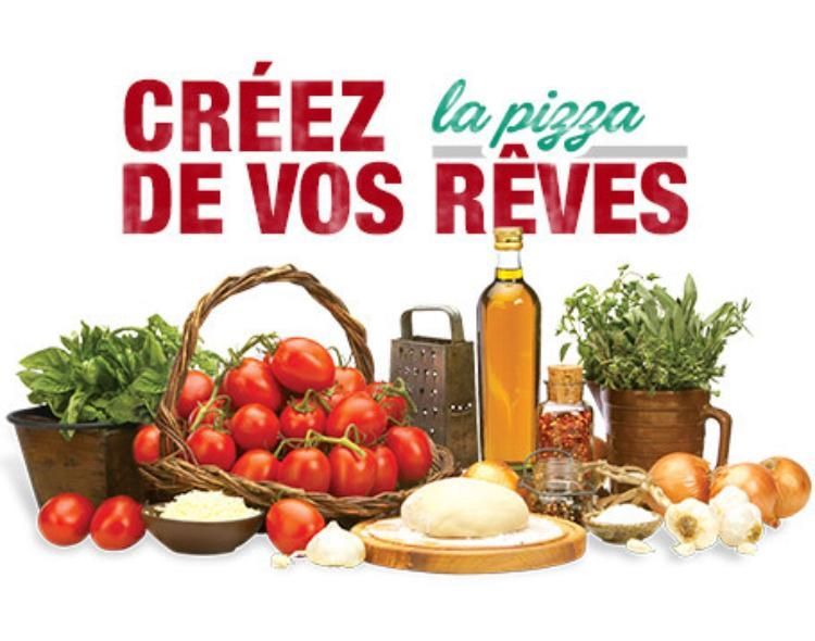 Gros plan sur les ingrédients de la pizza : tomates, herbes, pâte, huile et texte « Créez la pizza de vos rêves ».