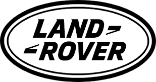 Land Rover-Logo in Schwarzweiß, ein Oval mit den Wörtern LAND und ROVER darin.
