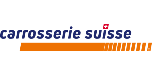 Logo der „Carrosserie Suisse“ in Dunkelblau und Orange, mit Schweizer Flagge.