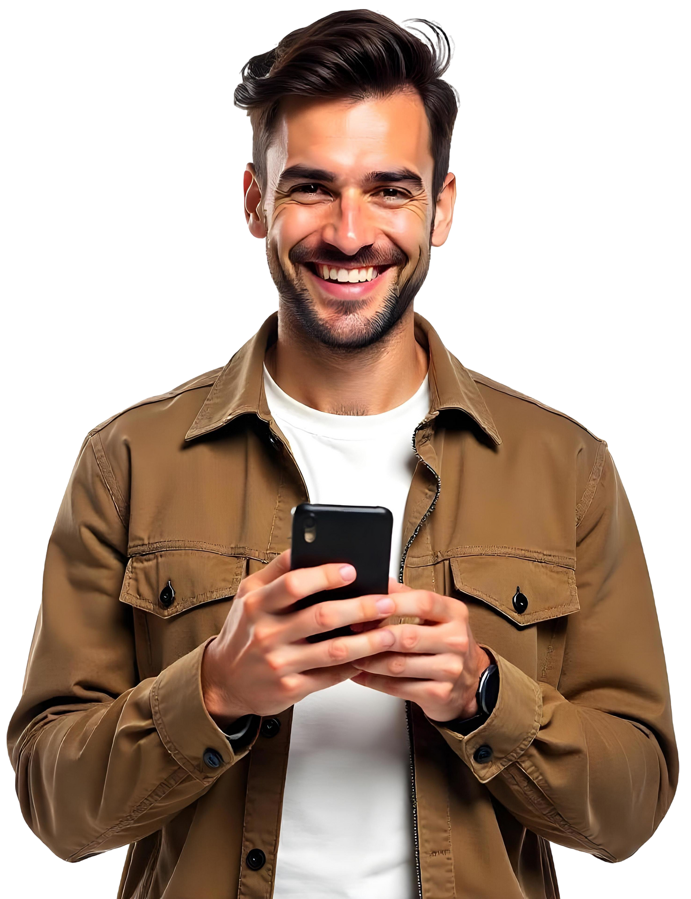 Homme souriant en veste marron tenant un smartphone sur fond blanc.