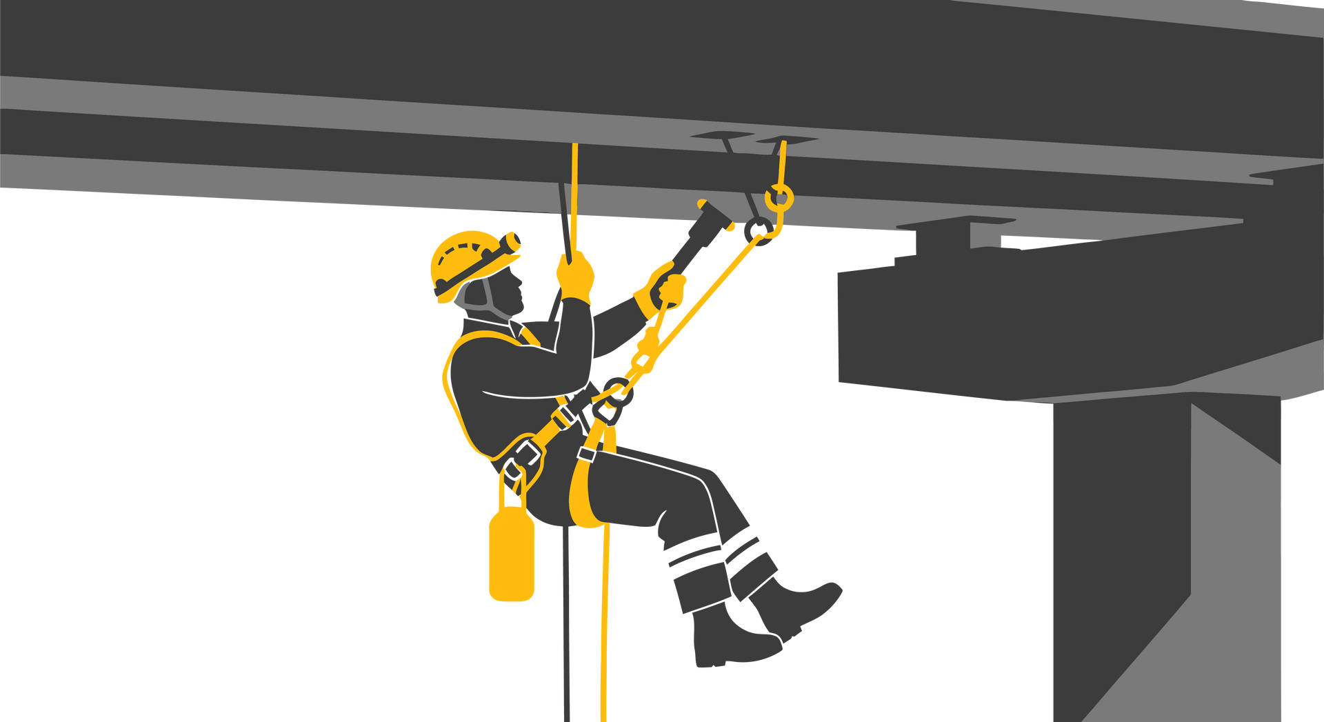 Un ouvrier équipé de matériel de sécurité descend en rappel depuis une poutre, inspectant ou réparant une structure aérienne.