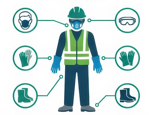 Travailleur portant un équipement de sécurité avec des icônes représentant un masque, des lunettes de protection, des gants et des bottes.