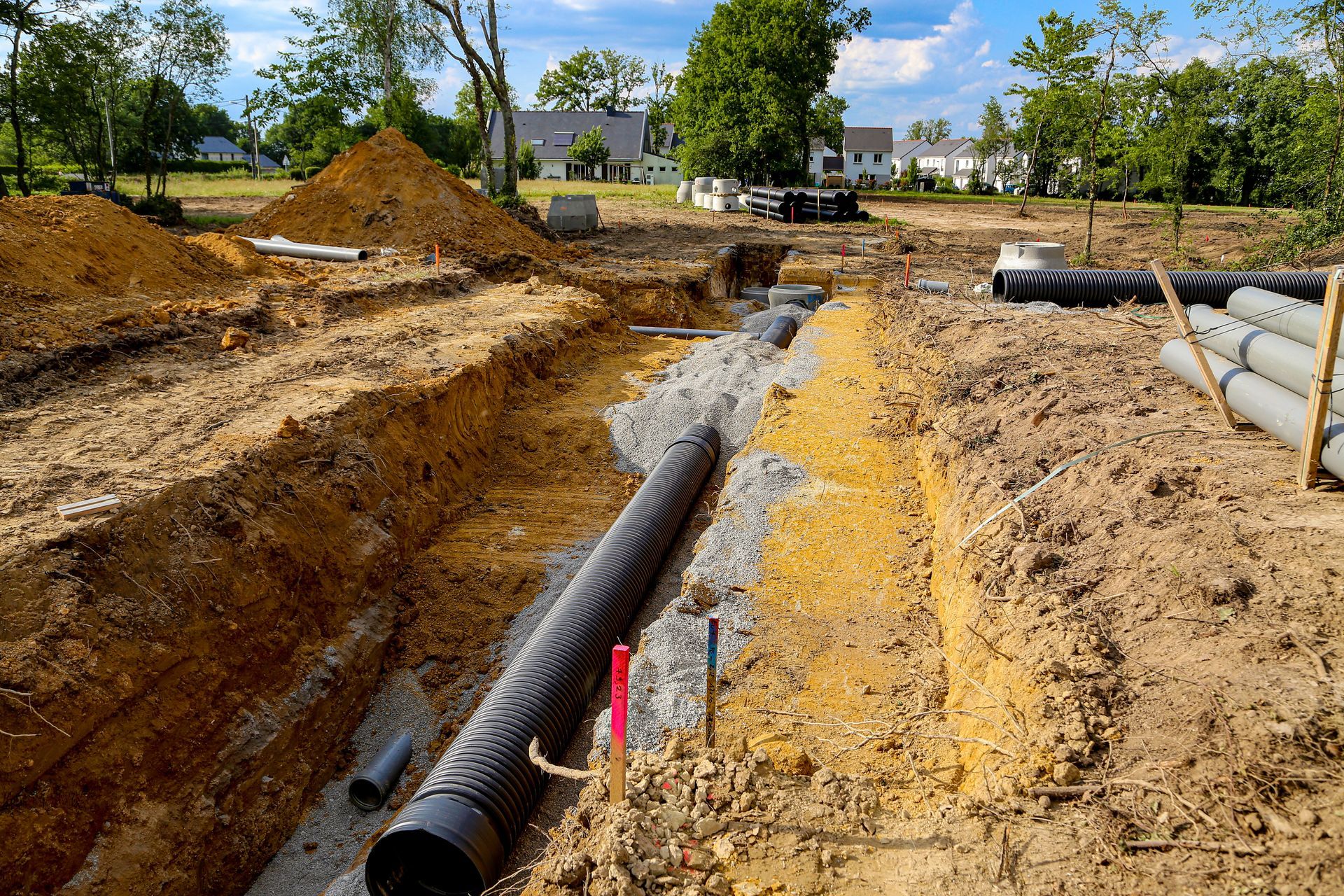 Chantier de construction avec une grande canalisation noire, des tas de sable et des tuyaux de service public le long d'un chemin de terre.