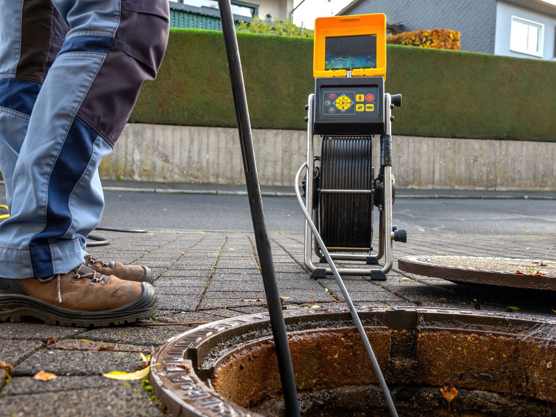 Un ouvrier utilise une caméra d'inspection des égouts à côté d'une bouche d'égout ouverte sur une chaussée mouillée.