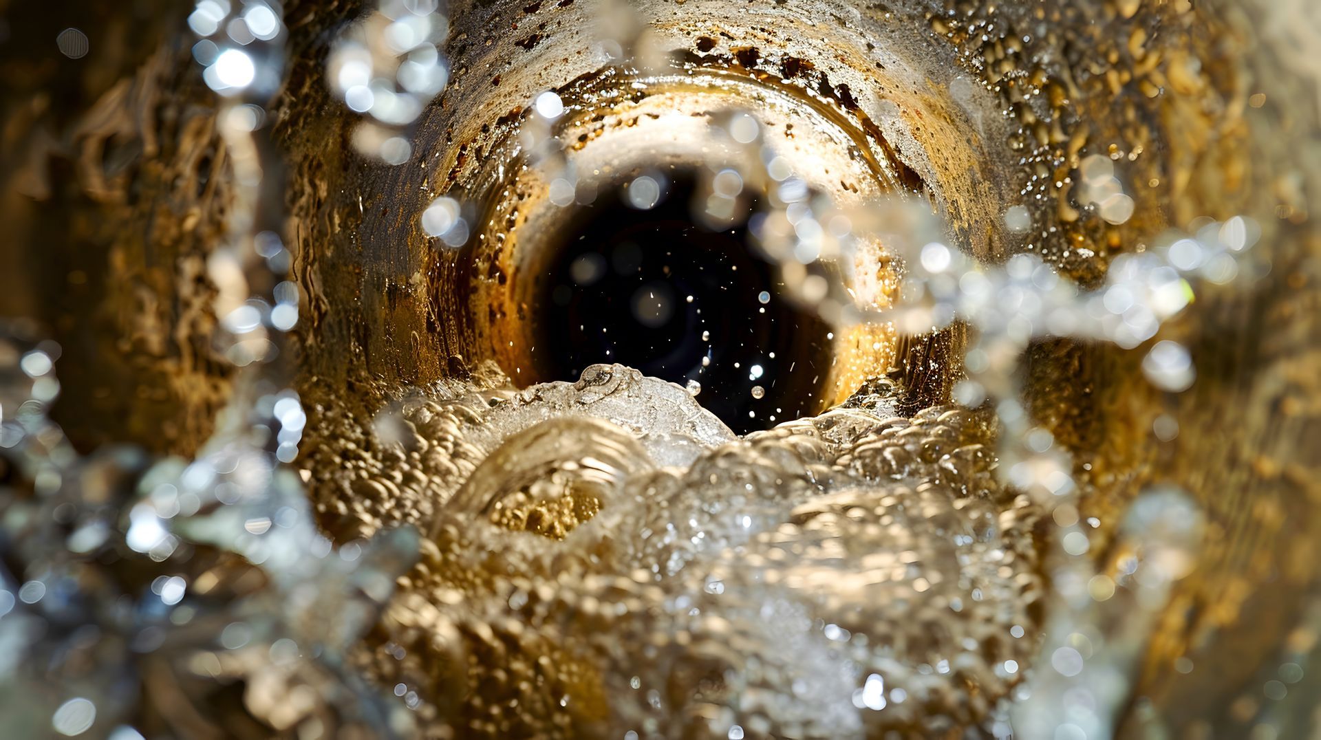 Gros plan sur de l'eau boueuse tourbillonnante avec des bulles et de l'écume brun doré dans un tuyau.