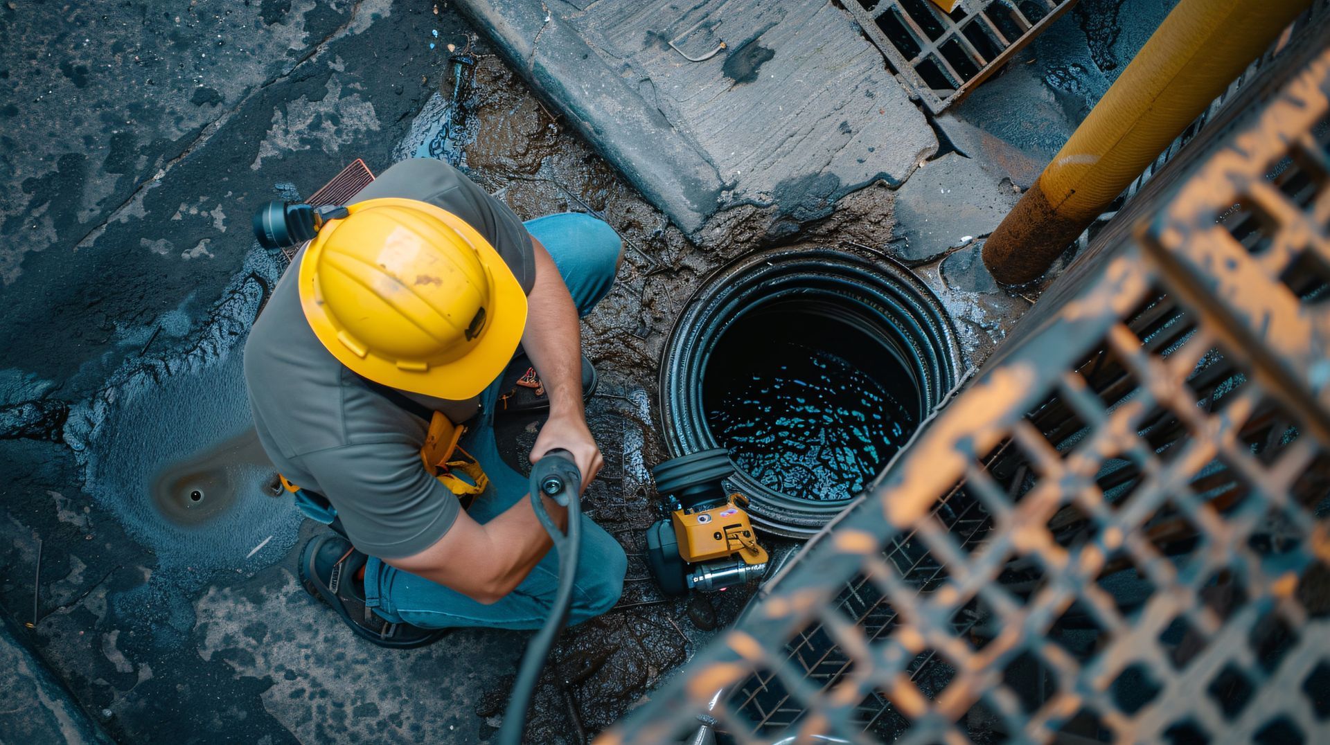 Un ouvrier portant un casque de chantier jaune inspecte un regard d'égout.