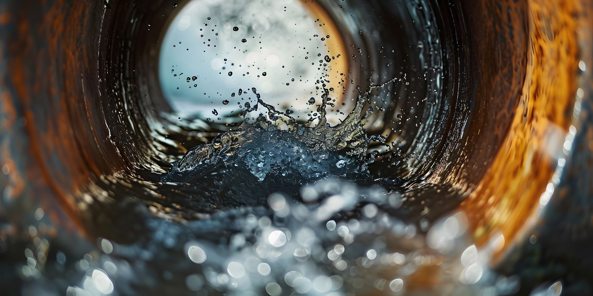 À l'intérieur d'un tuyau rouillé, l'eau se précipite vers une ouverture circulaire lumineuse.