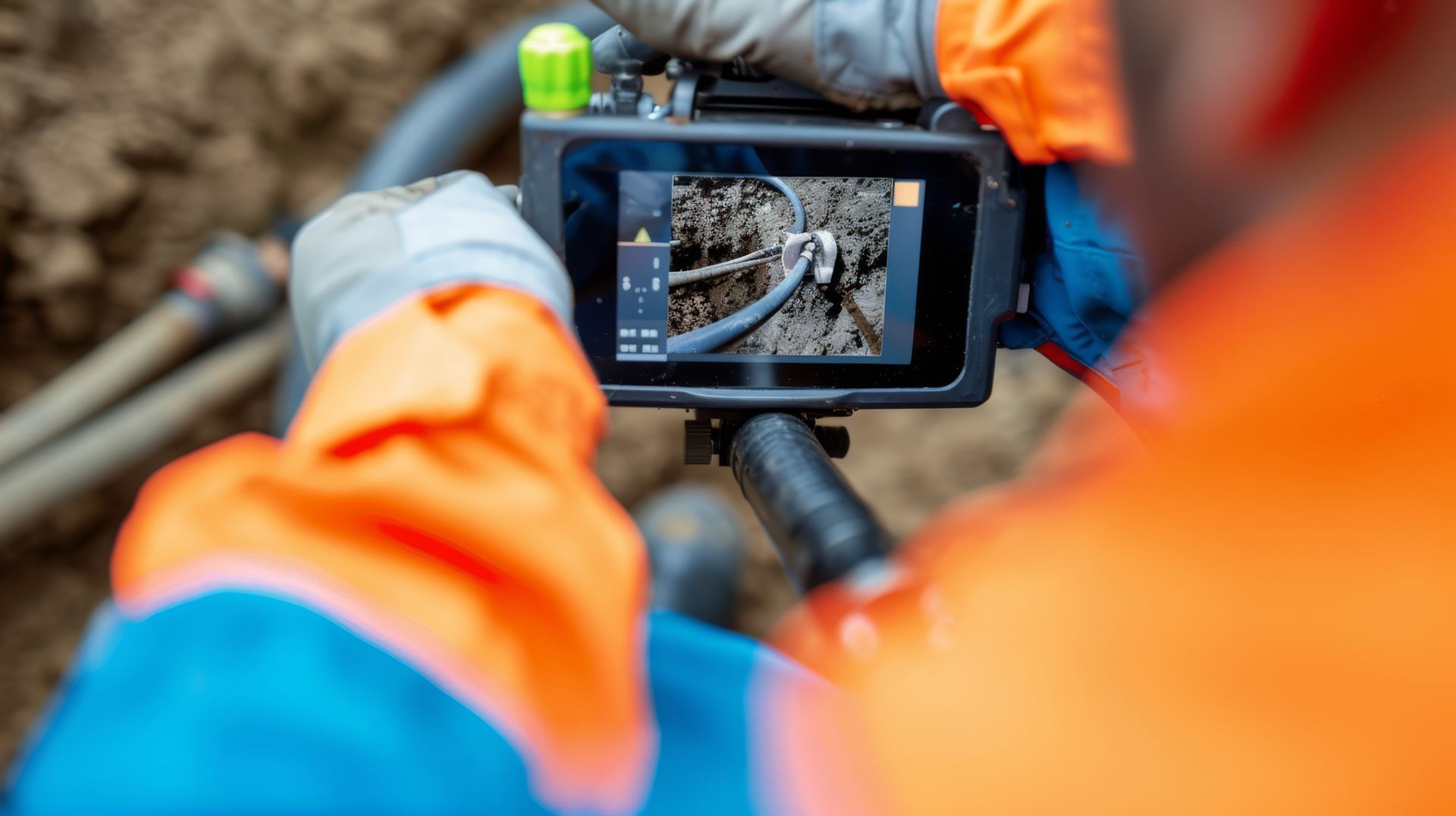 Un ouvrier en veste orange utilise une tablette pour inspecter les canalisations et les câbles dans une tranchée de services publics.