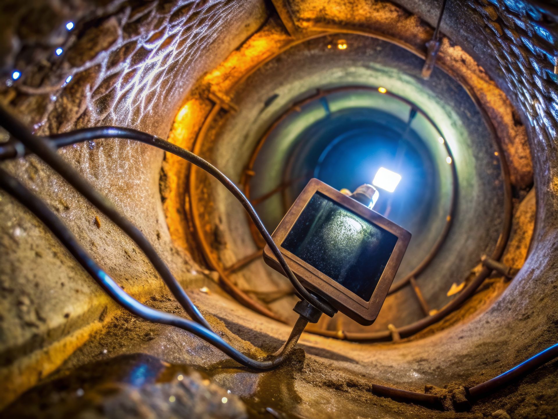 Des câbles et une petite caméra descendent dans un tunnel circulaire éclairé par une lumière vive placée au-dessus.