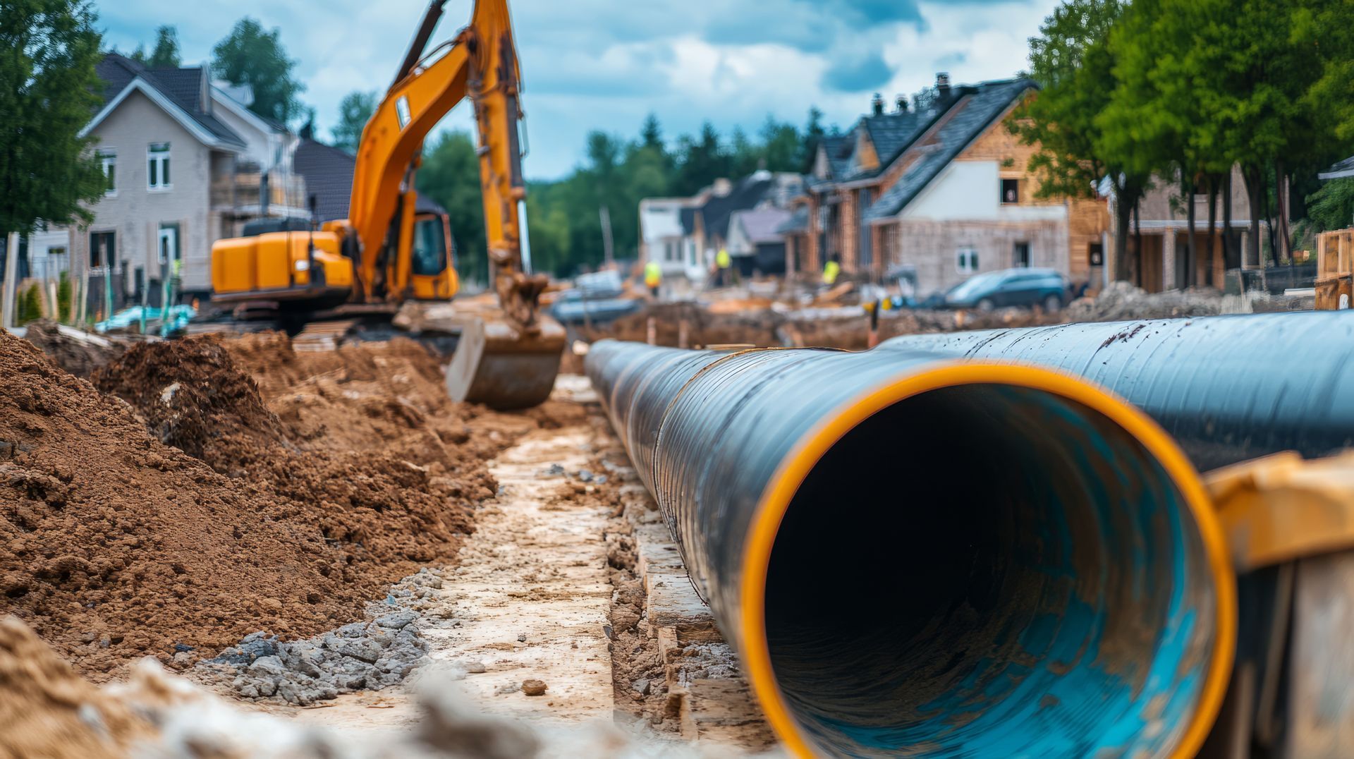 Chantier de construction avec excavatrice et gros tuyaux bleus le long d'une rue résidentielle.
