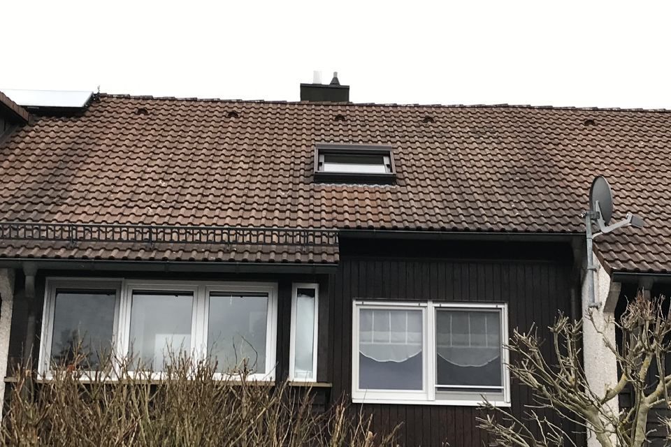 Braunes Ziegeldach mit Oberlicht, dunkle Holzverkleidung und Fenster. Eine Satellitenschüssel ist sichtbar.