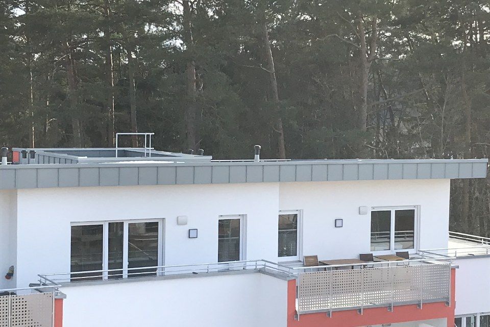 Weißes Gebäude mit Flachdach, großen Fenstern und Waldkulisse.