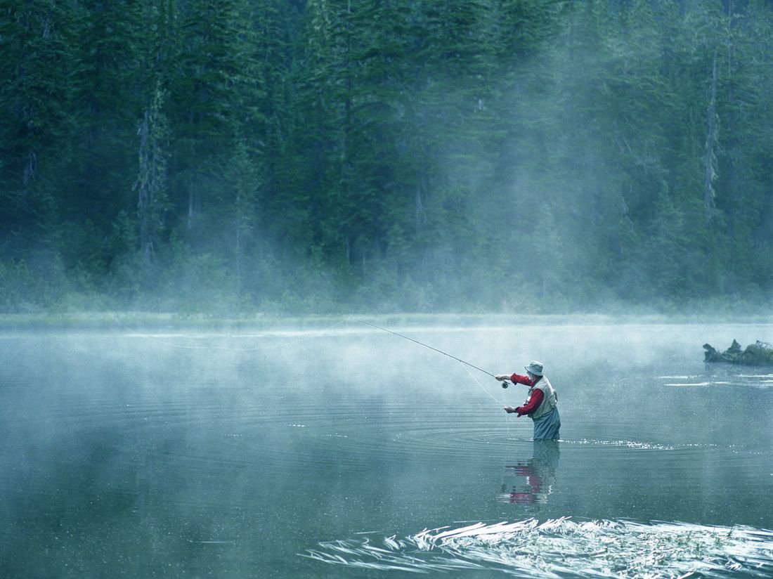Fisherman casts a line in a misty lake, surrounded by forest.