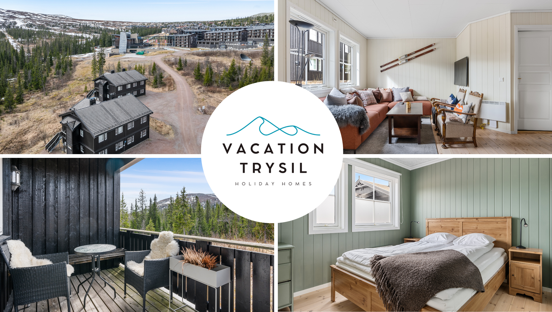 Collage of Vacation Trysil cabins: exteriors, interiors, and a bedroom.