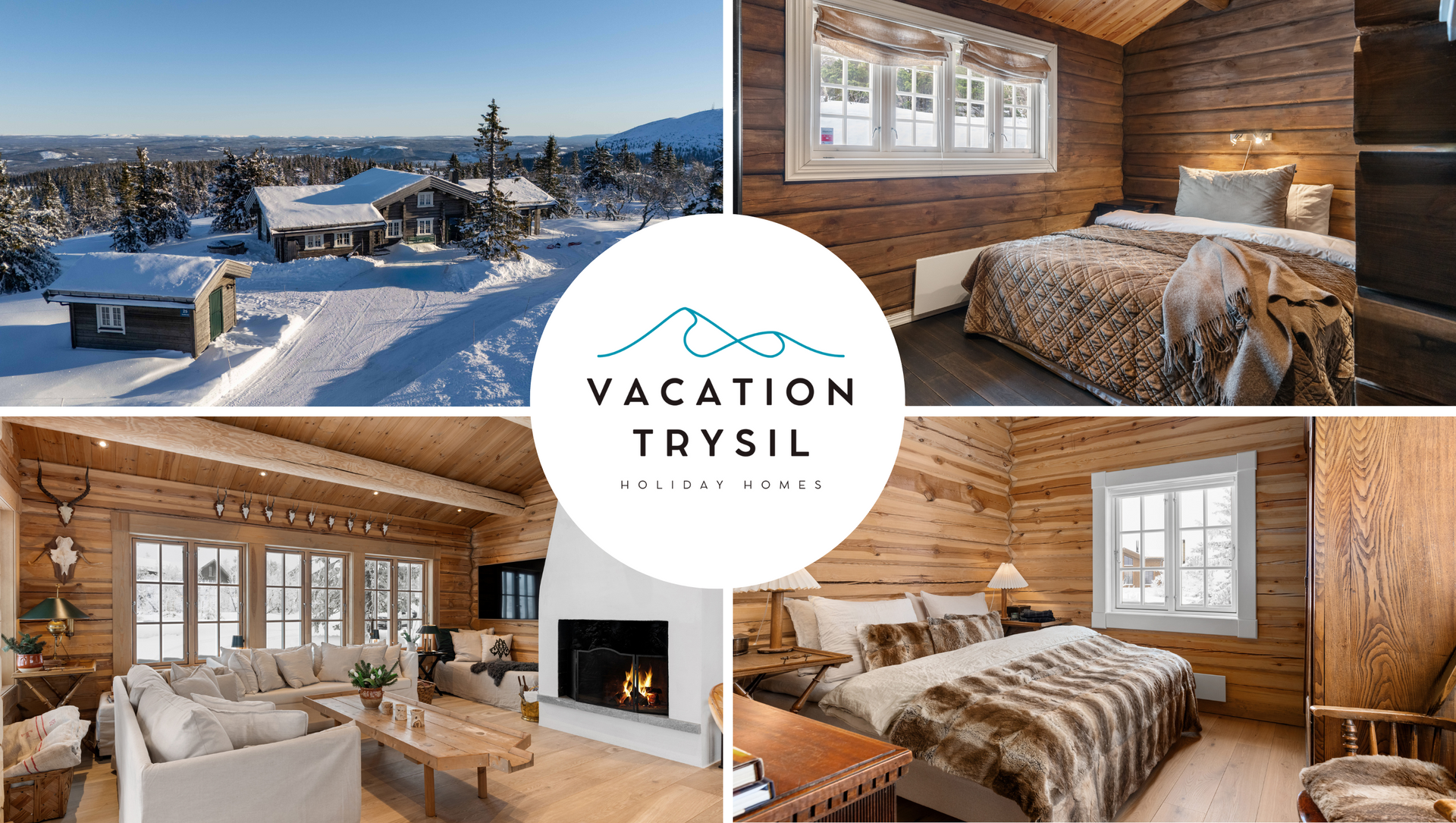 Vacation Trysil ad: Winter cabin exterior and interior shots with a logo.