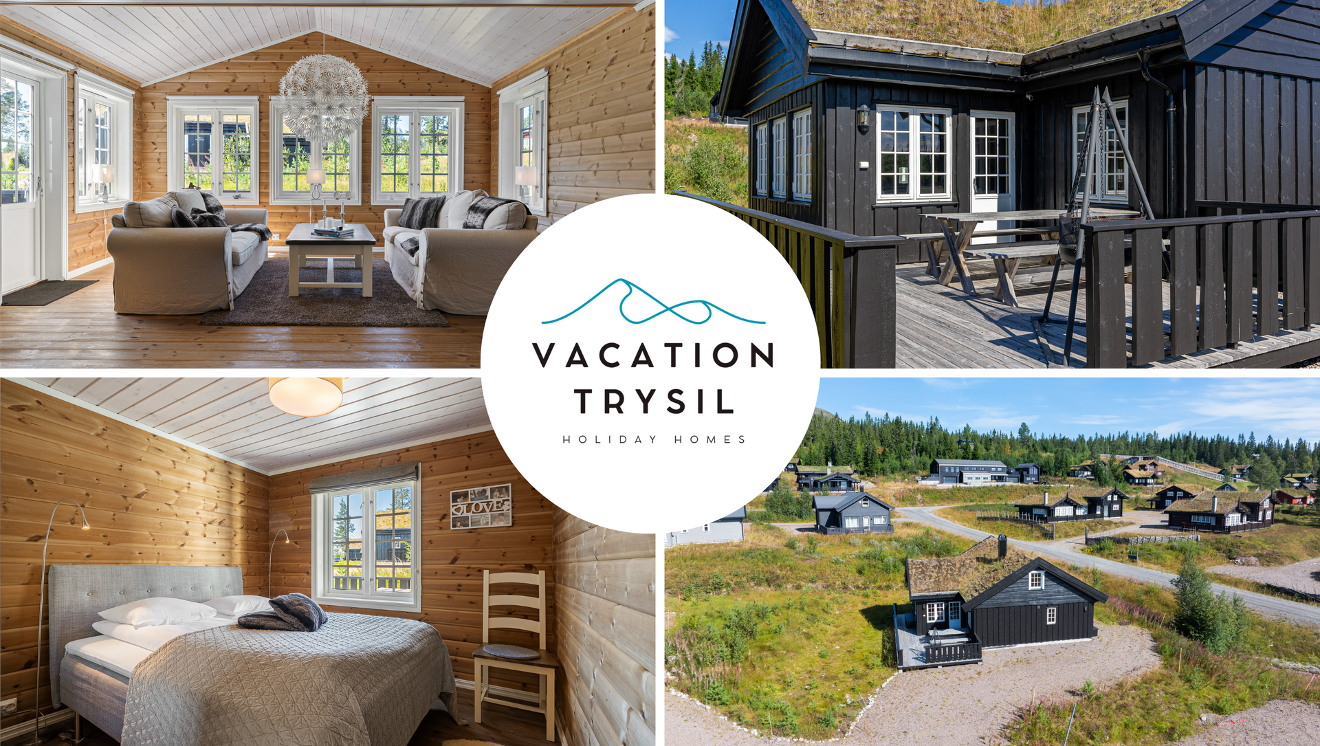 Collage: cabins and interiors in Trysil, Norway, with Vacation Trysil logo in the center.