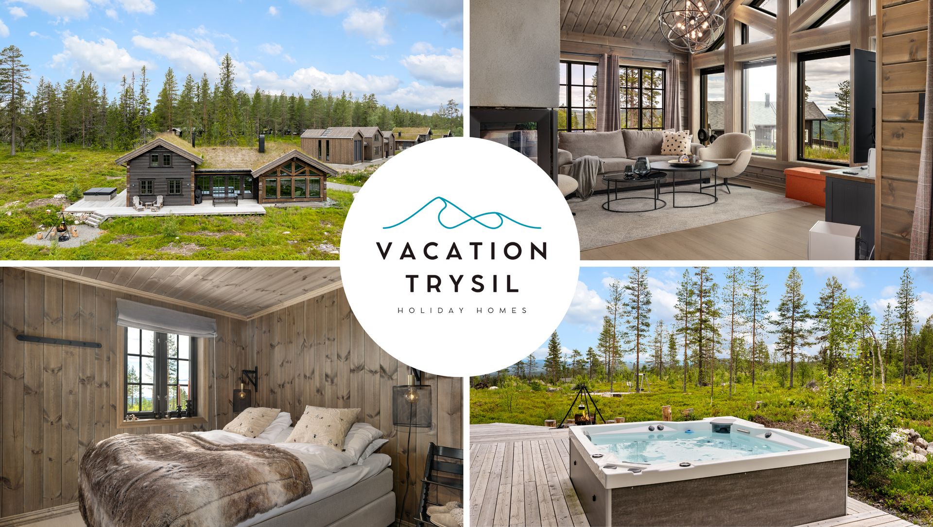 Vacation Trysil cabin showcasing exterior, interior, bedroom, and outdoor hot tub. Lush green setting.