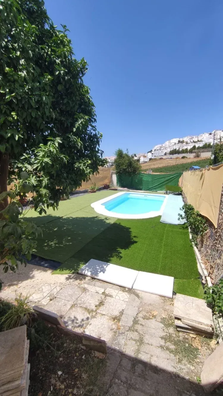 Patio trasero con piscina, césped verde y un árbol, contra una ladera de edificios blancos bajo un cielo azul.