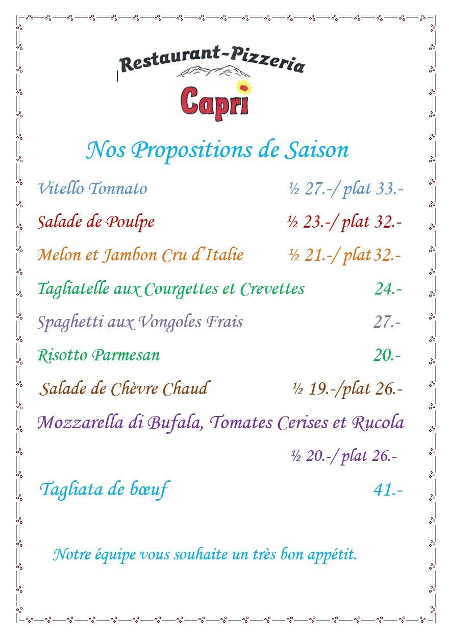 Propositions de saison du restaurant- pizzeria Capri