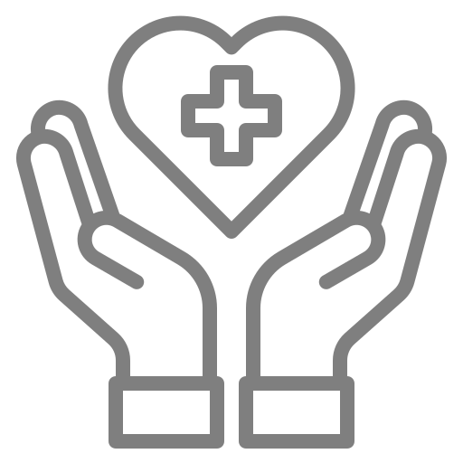 Dos manos ahuecadas que sostienen un símbolo de corazón con un signo más, que representa apoyo en materia de salud.