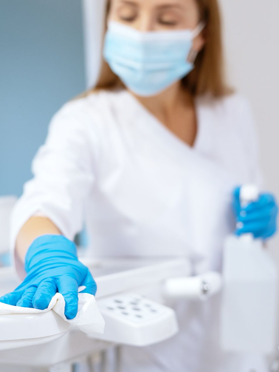 Une personne portant des gants et un masque bleus désinfecte du matériel dentaire dans une clinique.