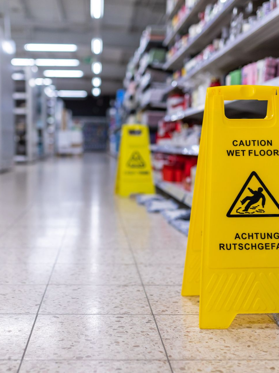 Panneau jaune dans une allée de magasin, avec un autre panneau et des étagères flous en arrière-plan.