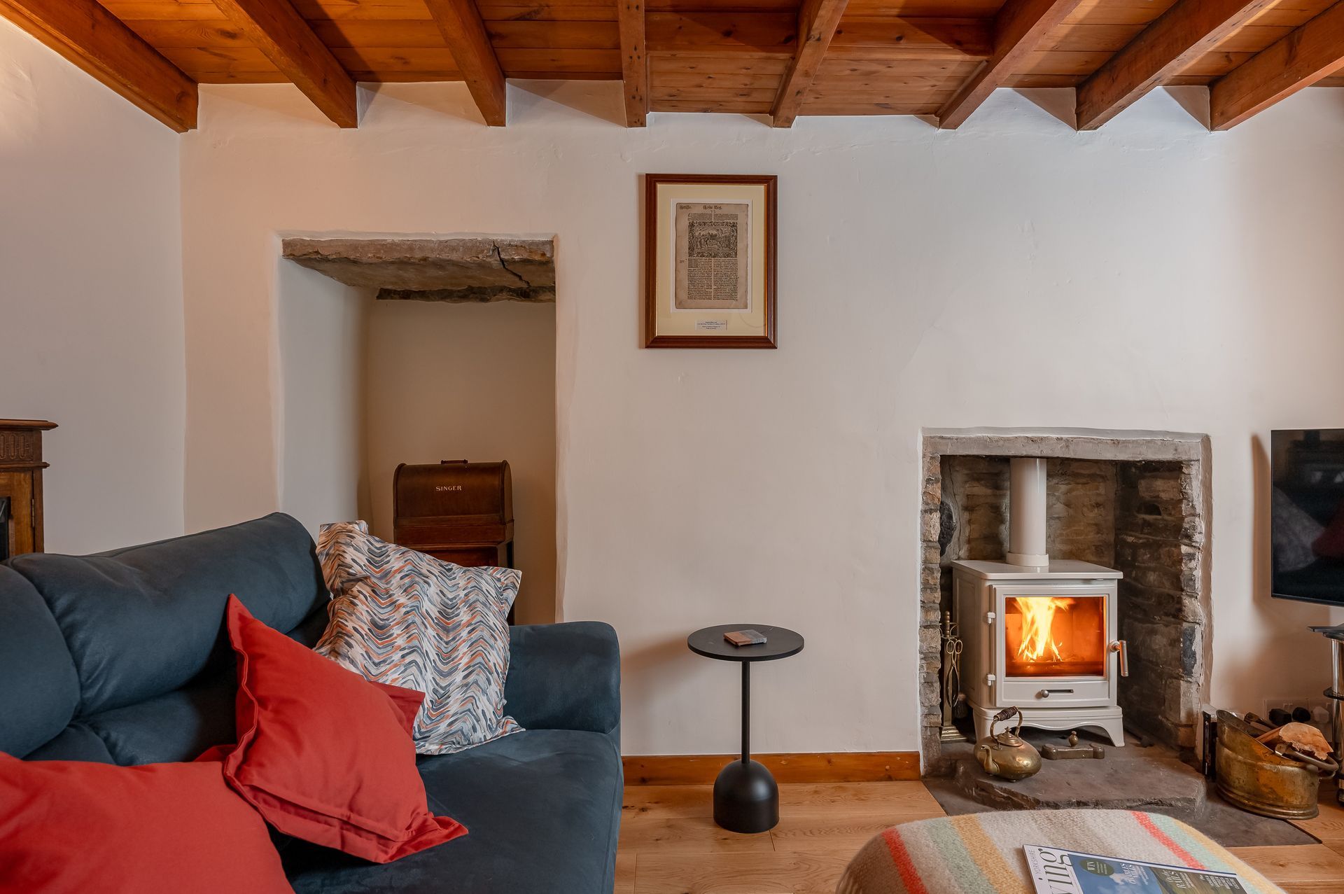 Living room with modern wood burning stove