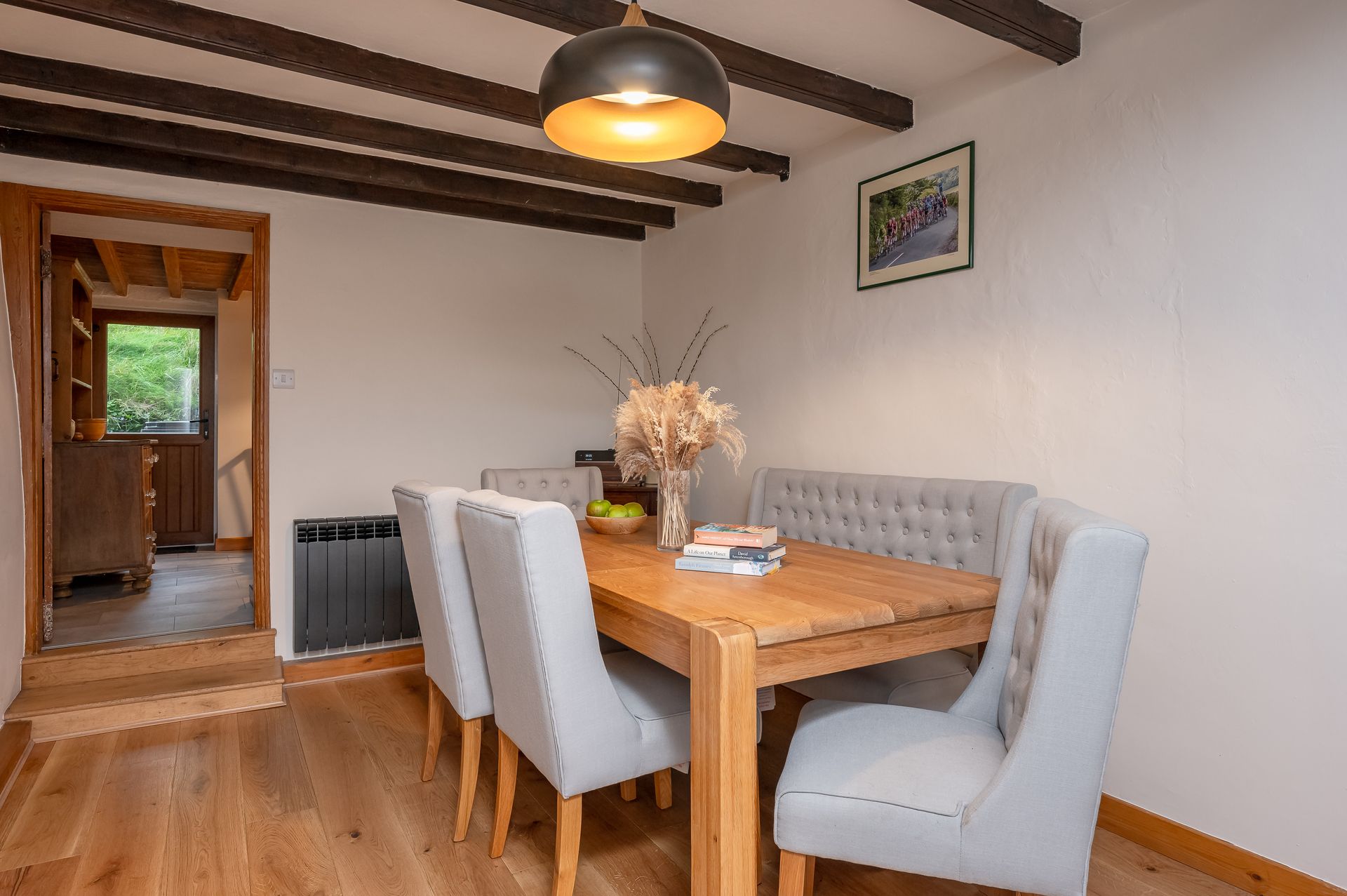 Dining area with wood burning stove 
