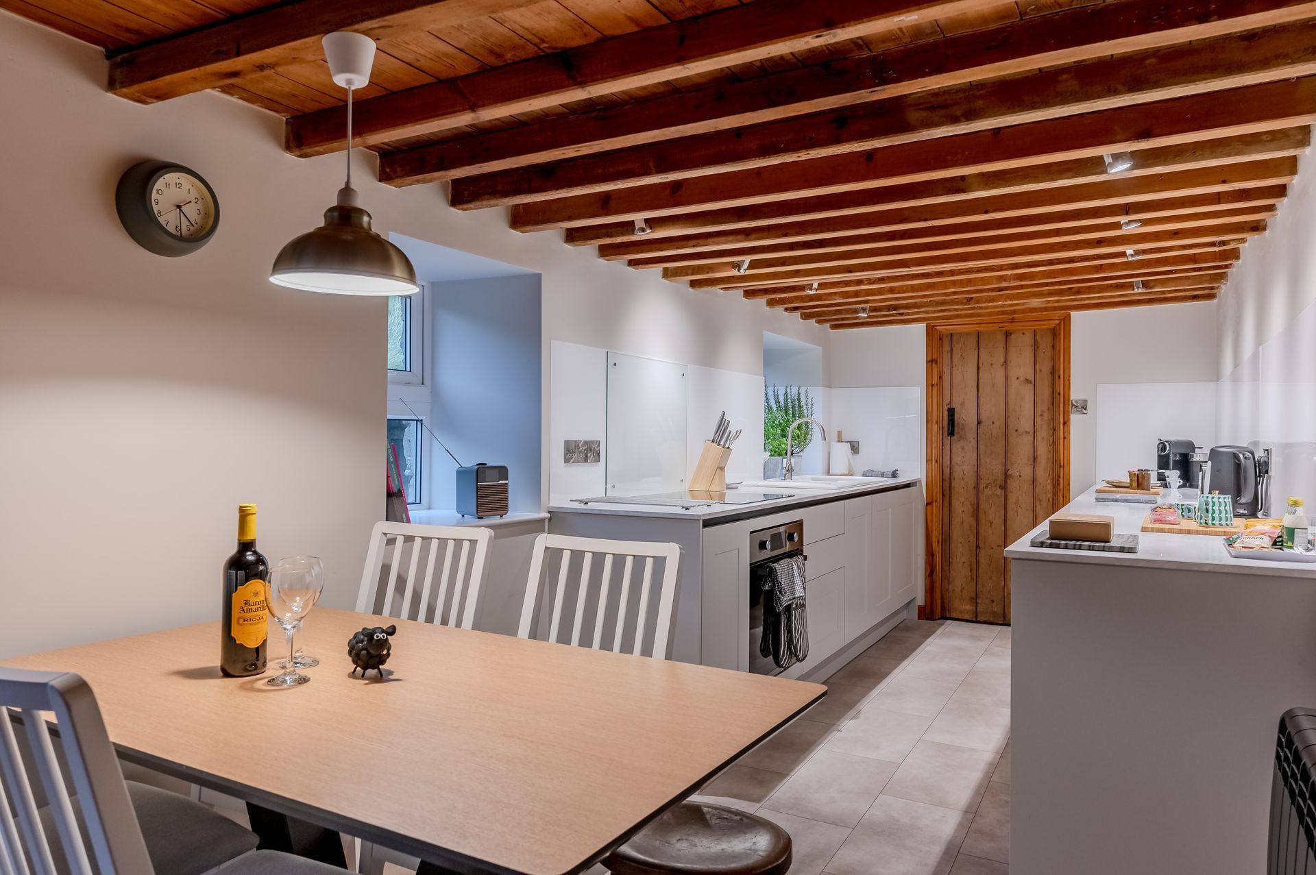 Modern kitchen with wooden beams