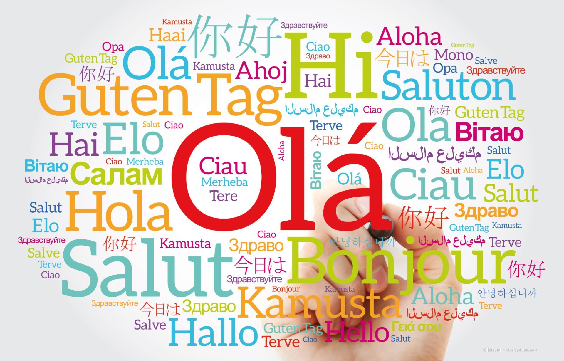 Farbenfrohe Wortwolke mit mehrsprachigen Begrüßungen, mit großen „Ciao“, „Hola“ und „Salut“ in der Mitte.
