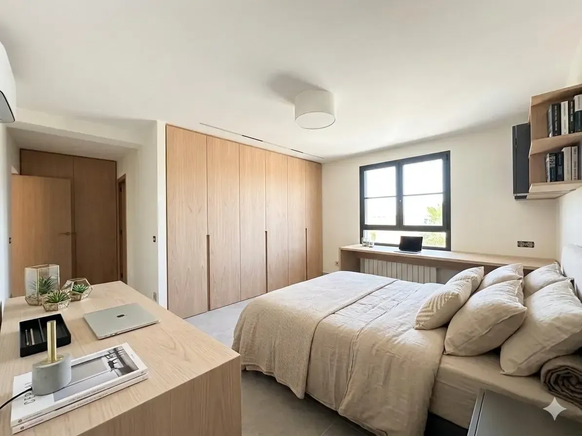 Habitación luminosa y moderna con una cama bien hecha, armarios de madera, escritorio y luz de ventana.