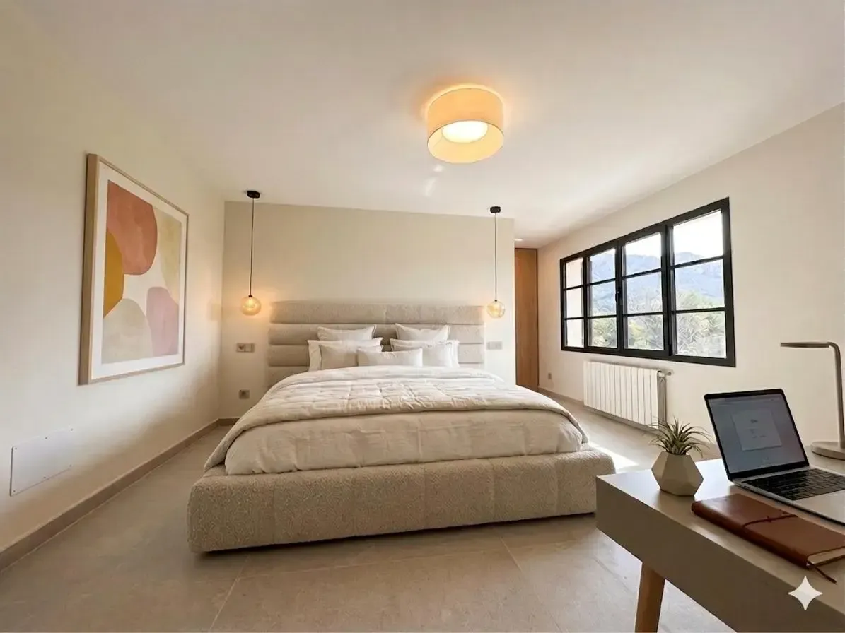 Habitación minimalista con cama beige, cuadro enmarcado, ventana negra y ordenador portátil sobre escritorio de madera.