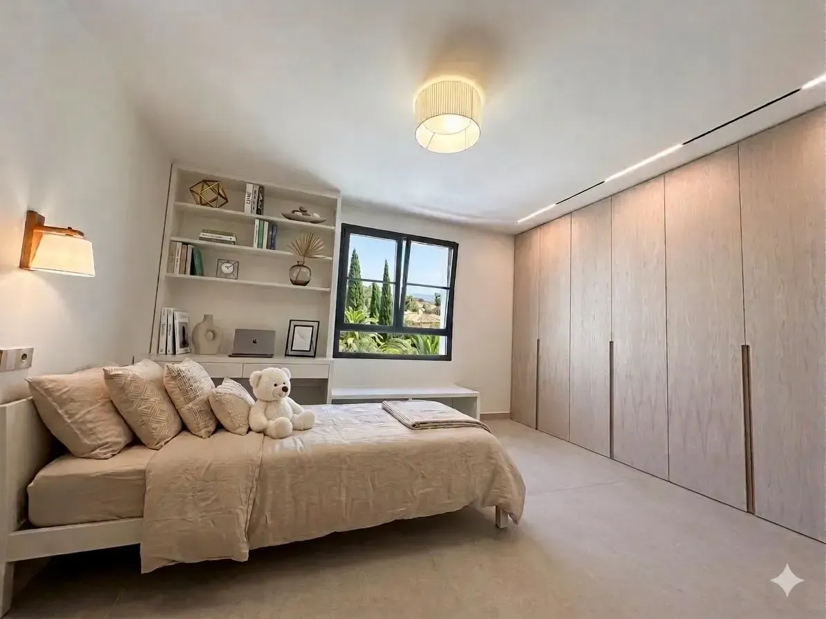 Dormitorio luminoso y minimalista con cama, armario empotrado, ventana y paneles de armario de madera clara.