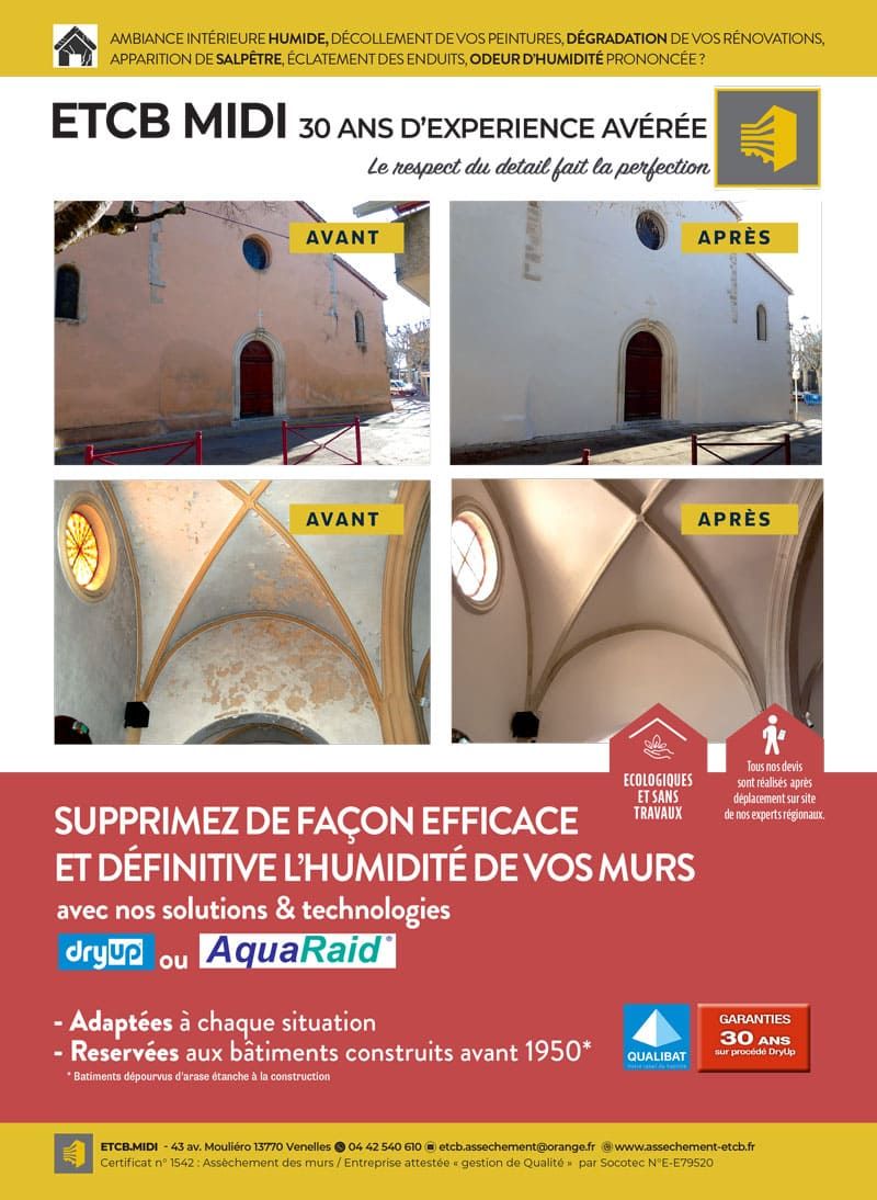 Affiche publicitaire française sur l'imperméabilisation des murs contre l'humidité, montrant des photos avant et après les dégâts causés par l'humidité et le logo du produit.