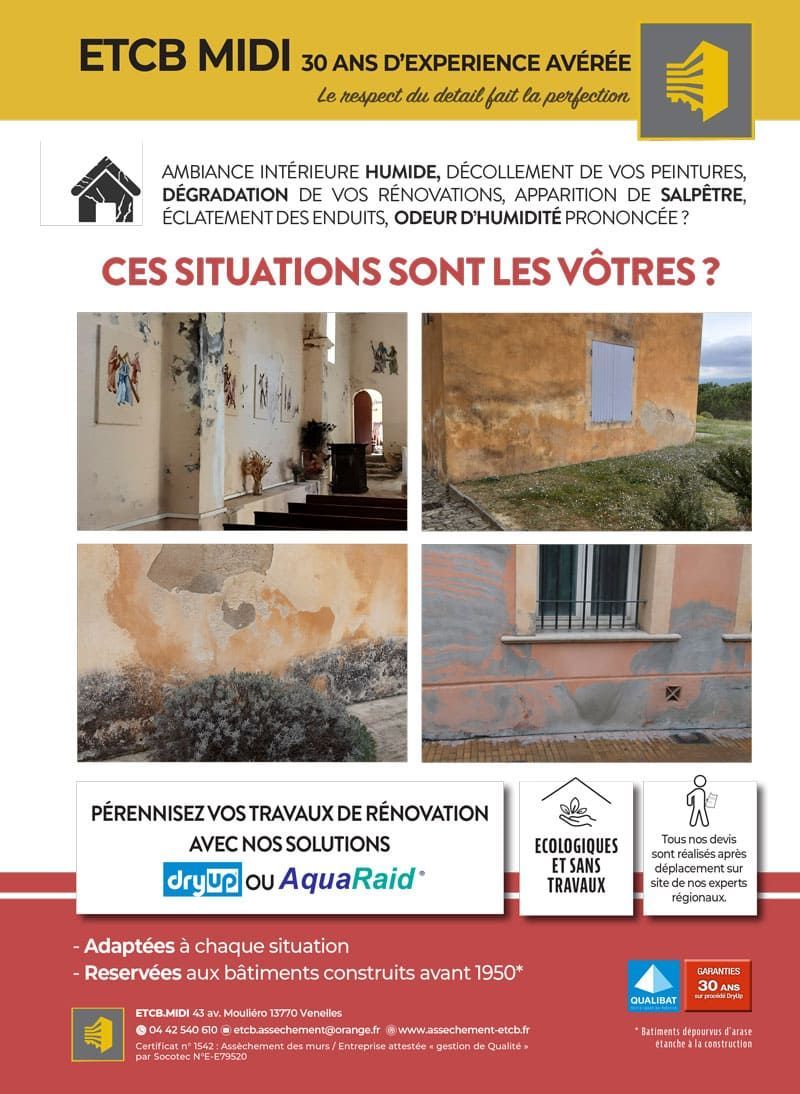 Dépliant français sur les signes de sinistre domestique, avec quatre photos de murs humides, de fissures et de moisissures.