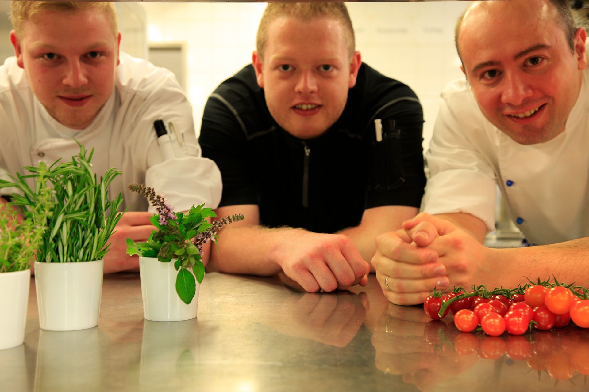 Three men are posing for a picture with potted plants and strawberries
