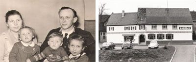 Ein Schwarzweißfoto einer Familie und ein Bild eines Hauses. Die Gründer des Hotels.