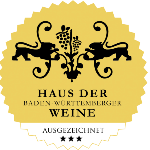 Gold seal logo for Haus der Baden-Württemberger Weine, with black lions and grapevine, “Ausgezeichnet” and stars