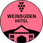 Rosa rundes Weinsüden Hotel-Logo mit schwarzem Haus-Symbol und Text