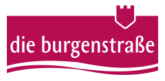 Logo mit weißem Text „die burgenstraße“ auf magentafarbenem Hintergrund und einem Burgsymbol über dem Text