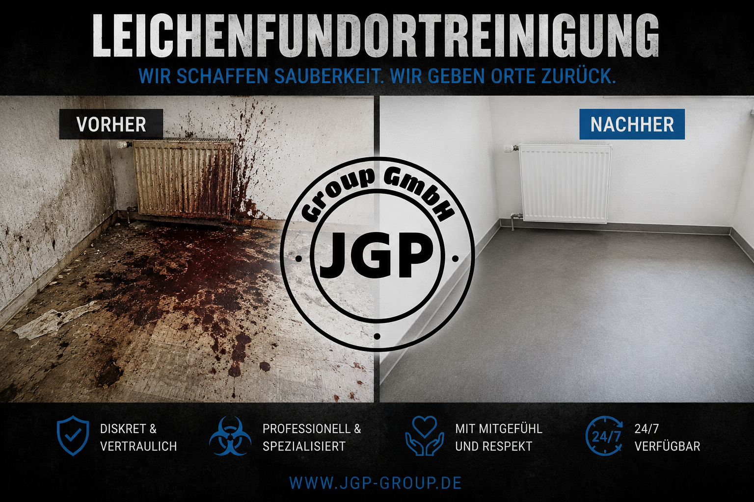 JGP Reinigungsservice-Werbecollage: Tattooentfernung, Leckreparatur, Beseitigung von Bauschutt und Zimmerrenovierung.