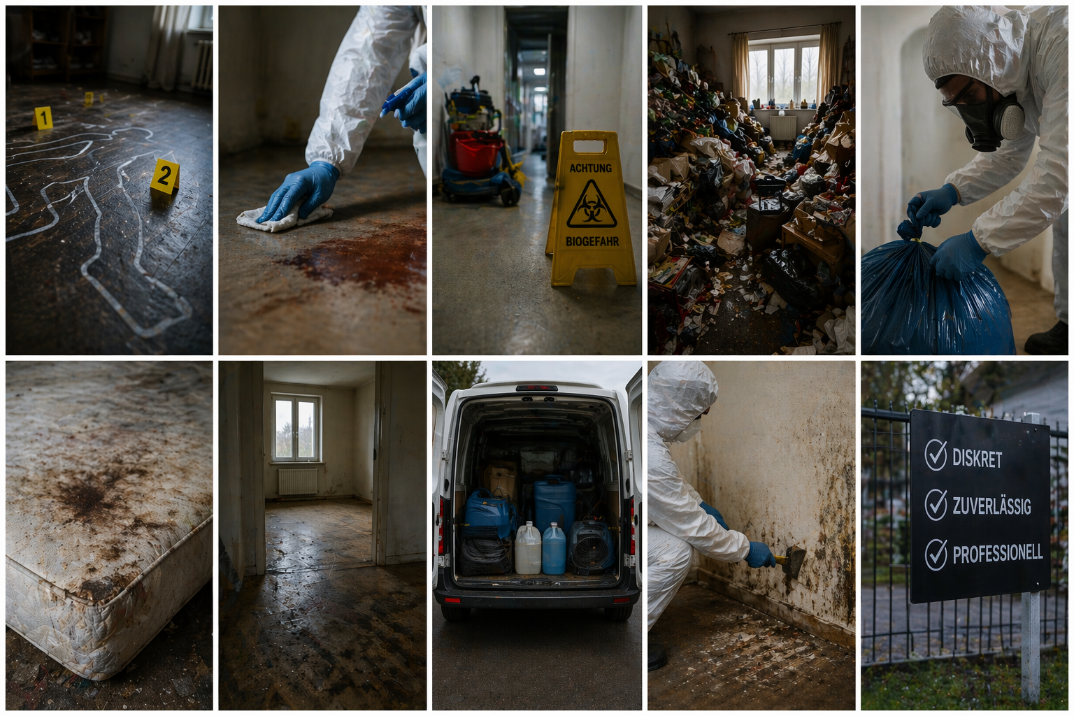 Aufräumarbeiten in einem überfluteten und mit Schutt gefüllten Keller mit Arbeitern in Schutzanzügen und Warnschildern