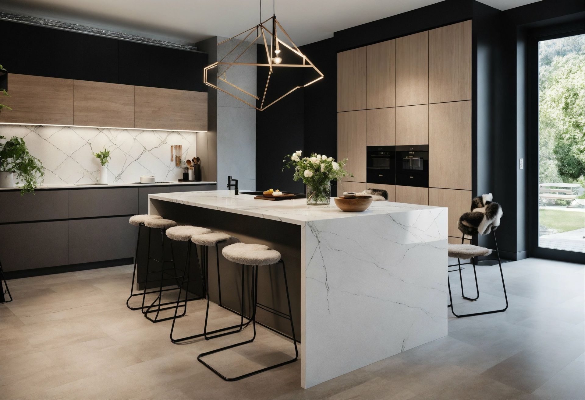 Une cuisine moderne avec un grand îlot et des tabourets.